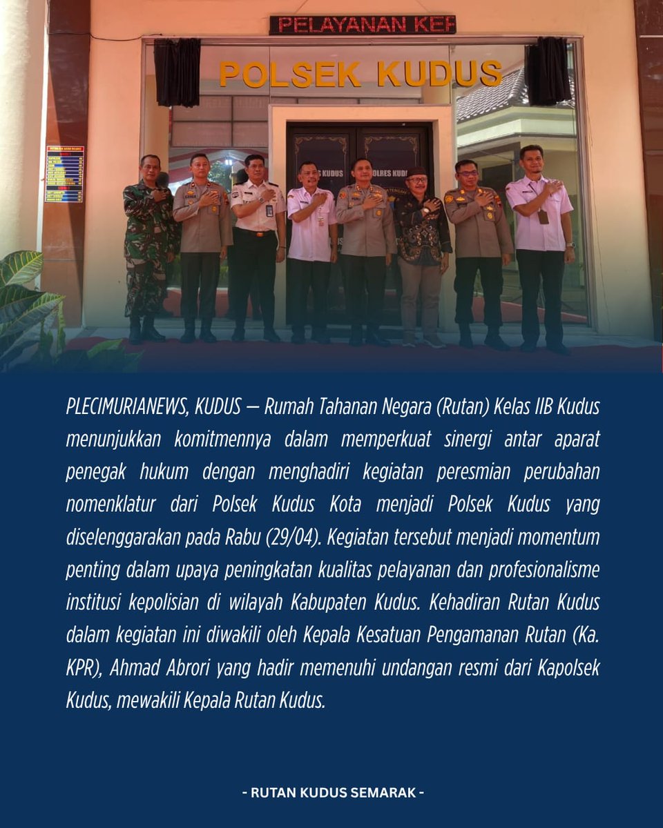 rutankudus's tweet image. RUTAN KUDUS HADIRI PERESMIAN POLSEK KUDUS, PERKUAT SINERGI DAN KOMITMEN PELAYANAN PUBLIK

Baca selengkapnya...
instagram.com/p/DXxhBB6Eq4V/…

#kemenimipas
#guardandguide
#ditjenpas
#pemasyarakatan
#kanwilditjenpasjateng