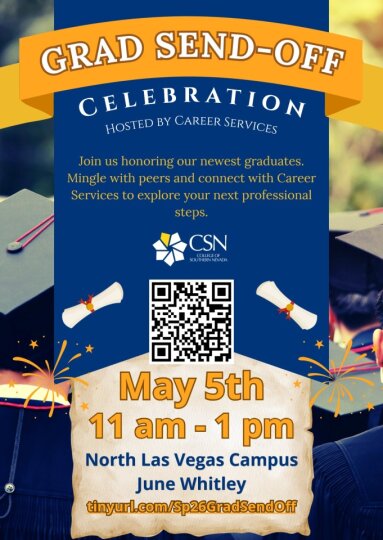CSNCareerServ's tweet image. Career Services is excited to present the first Graduation Send-Off-Celebration!🎉

This upcoming Tuesday, Inside of the June Whitley-North Las Vegas campus!

Scan the QR code or insert tinyurl.com/Sp26GradSendOff in the browser to RSVP today!

#gradsendoff #careerservices