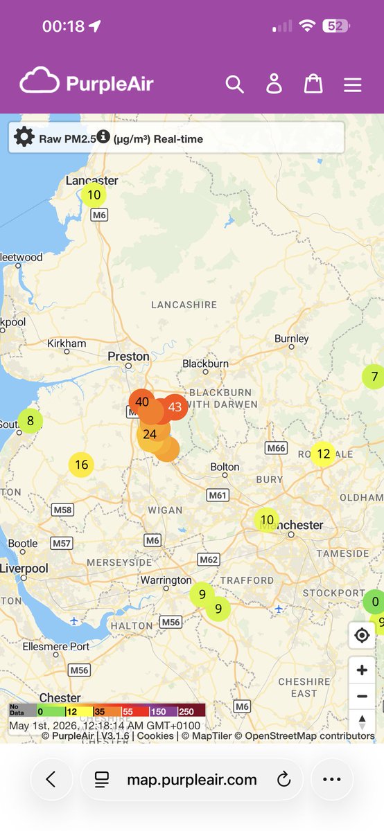mwt2008's tweet image. #Chorley has an evening PM2.5 #AirPollution problem compared to surrounding areas. 

Good low levels of around 5 μg/m3 until about 10:20pm on the 30-Apr-26. 🤔
#Health