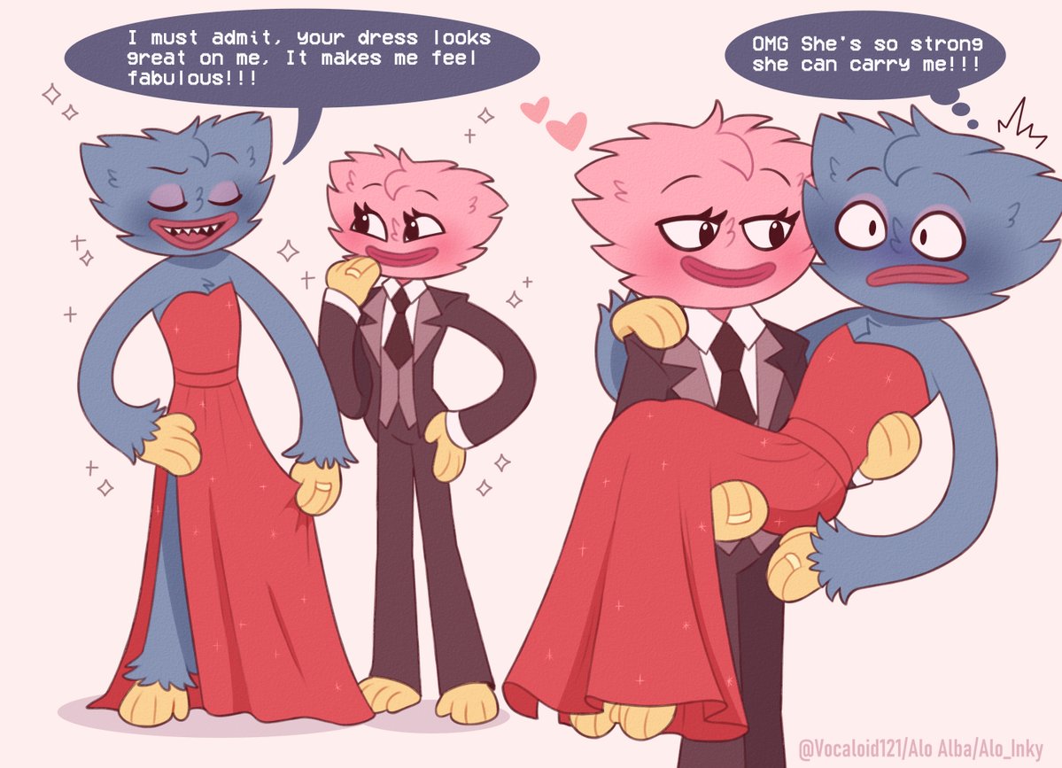 alo_inky's tweet image. swapping clothes 💙🔁🩷✨👀

(Huggy looks so good in a dress👌XD)

#poppyplaytimechapter5 #poppyplaytime #huggywuggy #kissymissy