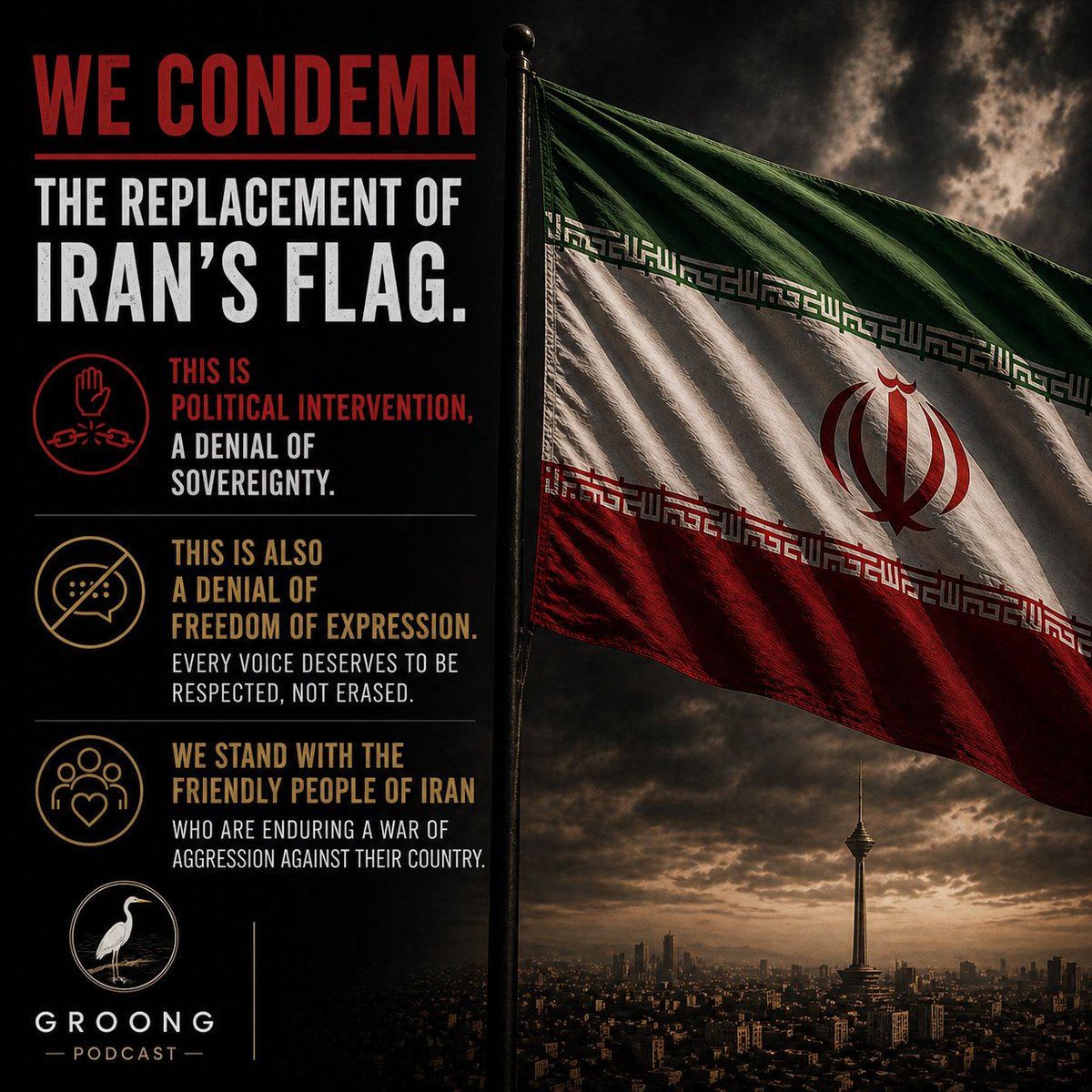 groong's tweet photo. We’re not renewing our X subscription or paid verification. Goodbye blue check.

We condemn the replacement of Iran’s flag.

While the people of Iran endure a war of aggression by outside powers, platforms should not act as political actors or erase national sovereignty.

#Iran #FreedomOfExpression #Sovereignty #MediaEthics