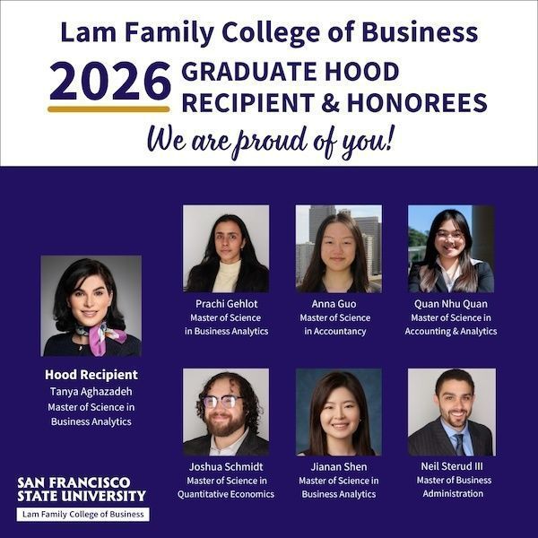 SFStateCoB's tweet photo. The Lam Family College of Business is proud to recognize our class of 2026 Graduate Hood Recipient and Honorees! These exceptional graduate students have shown outstanding dedication to their academic pursuits. Discover their stories: https://t.co/BuVqHolWNU https://t.co/55sINh0O5O