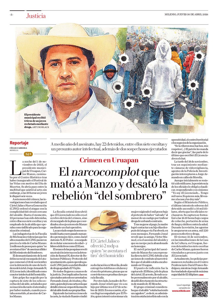 Ces_Cabrera_'s tweet photo. En la versión impresa de @Milenio, la trama para ultimar a Carlos Manzo por parte del Cártel Jalisco Nueva Generación.

Un recuento del cómo, cuándo, dónde y por qué con base a lo declarado en las audiencias y fuentes consultadas. https://t.co/nQelx1NIce