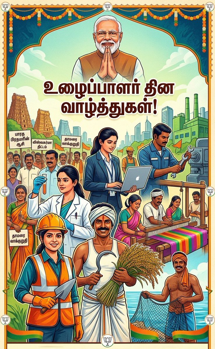 'வளர்ந்த பாரதம்'  லட்சியத்தை நோக்கிய தேசத்தின் வளர்ச்சியில் முதுகெலும்பாகத் திகழும் தொழிலாளர்களான சகோதர, சகோதரி பெருமக்கள் அனைவருக்கும் எனது இனிய 'மே தின' நல்வாழ்த்துகள். 

உழைப்பே வெல்லும் என்ற தாரக மந்திரத்துடன், தேசப்பணியில் ஈடு இணையற்ற பங்களிப்பை அளித்து வரும் தொழிலாளர்களின்