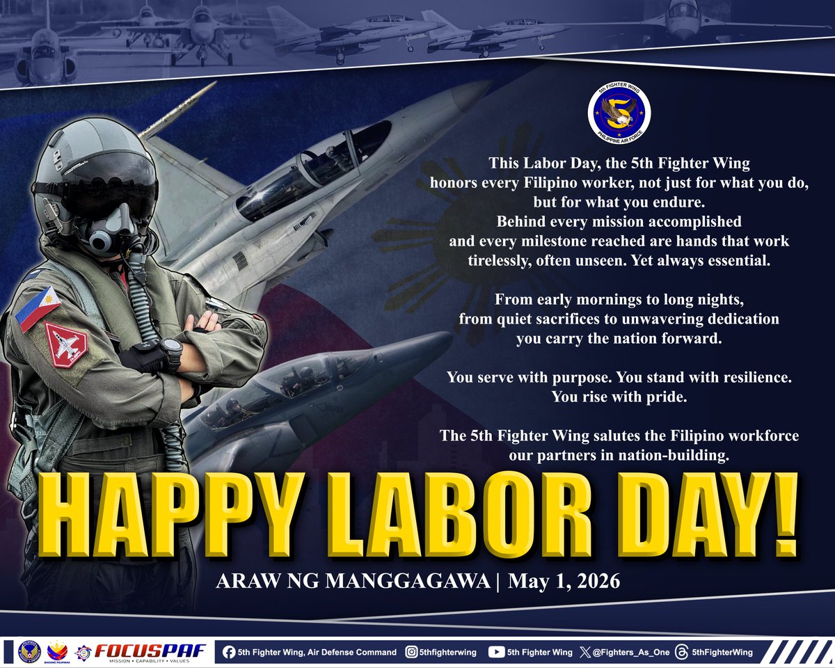 Fighters_As_One's tweet photo. LABOR DAY | NOT JUST A CELEBRATION, A RECOGNITION 🇵🇭✈️
See the full story:
https://t.co/wwNTczKg97
#5thFighterWing
#CheckSix!
#FightsOn! https://t.co/MBtxJRpdci