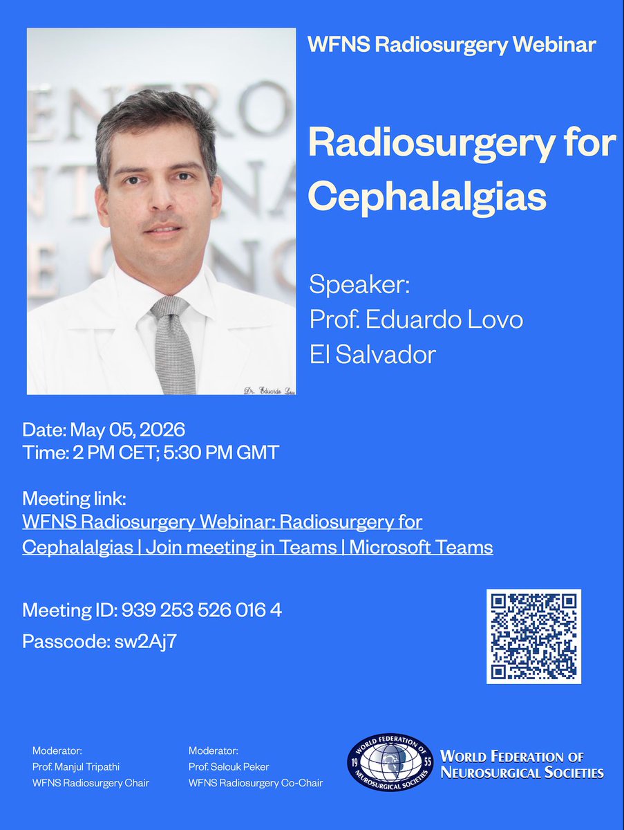 cdecancer's tweet photo. 🧠 El Dr. @EduardoLovo2 participará en el webinar WFNS Radiosurgery Secrets sobre radiocirugía para cefaleas.  

📷 5 mayo 2026 |  https://t.co/tHE3S4MqHD⁠  

Se abordarán indicaciones, técnica y resultados en radiocirugía funcional.  

#NeuroRad #GammaKnife https://t.co/hLJXBLN9Xw