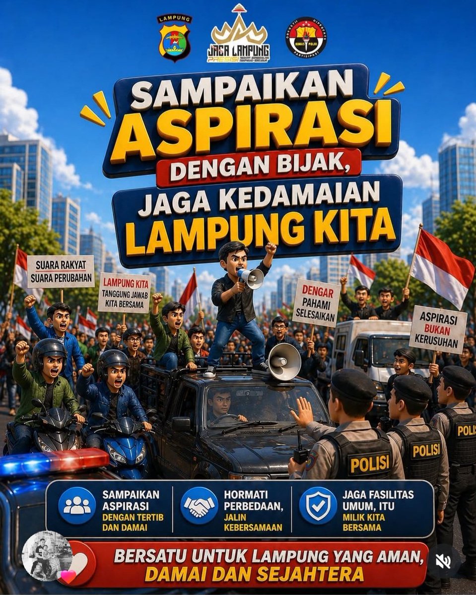 Hello71116883's tweet photo. Jaga Lampung Sampaikan Aspirasi Dengan Bijak Dan Damai
( #polisipenolong, #polrestabandarlampung )
@humaspoldalampung
@polrestabandarlampung https://t.co/AUYxnwj0MV
