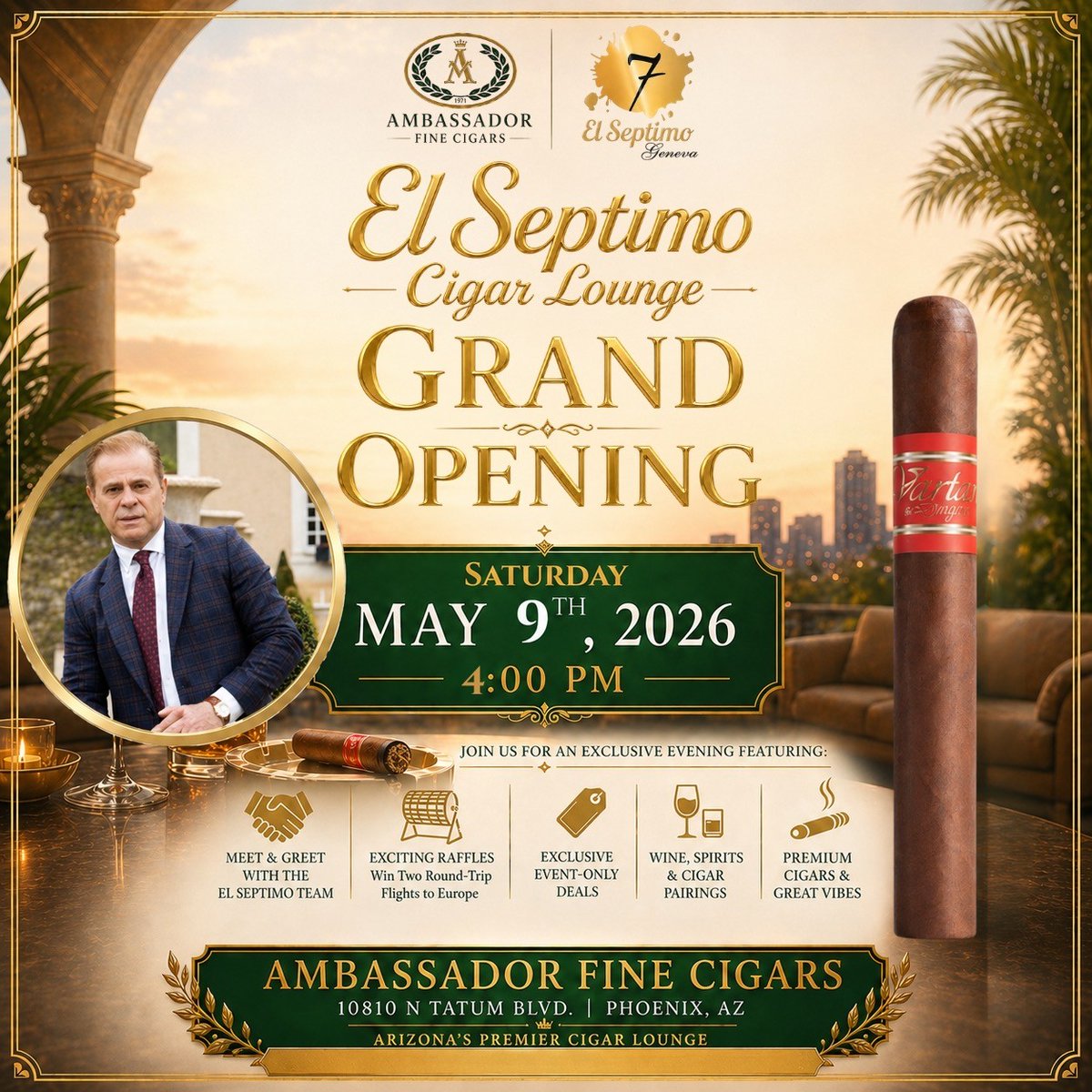 ElSeptimoGeneva's tweet photo. And for the Grand Finale of our Phoenix Tour - The Grand Opening of the Official @ElSeptimoGeneva Lounge with @AmbassadorFineCigars in Phoenix, AZ NEXT SATURDAY May 9th starting at 4 PM. 🔥 Enter to win 2 ROUND TRIP FIRST CLASS Flights & 2 Week Stays in Europe at The Alexandra Palace Hotel, meet some of the famous faces behind the brand, and enjoy new releases, exclusive deals and raffles, and premium cigar & spirit pairings.