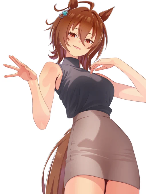 ウマ娘、アグネスタキオンが袖なしニットにタイトスカートを着ているイラストを描きました! タキオンがこの服を着てると...ぐっと大人っぽく見えますね! もちろんOL感も出るんですけど...ちょっと危険な香りのする先輩って感じが凄いですよね!