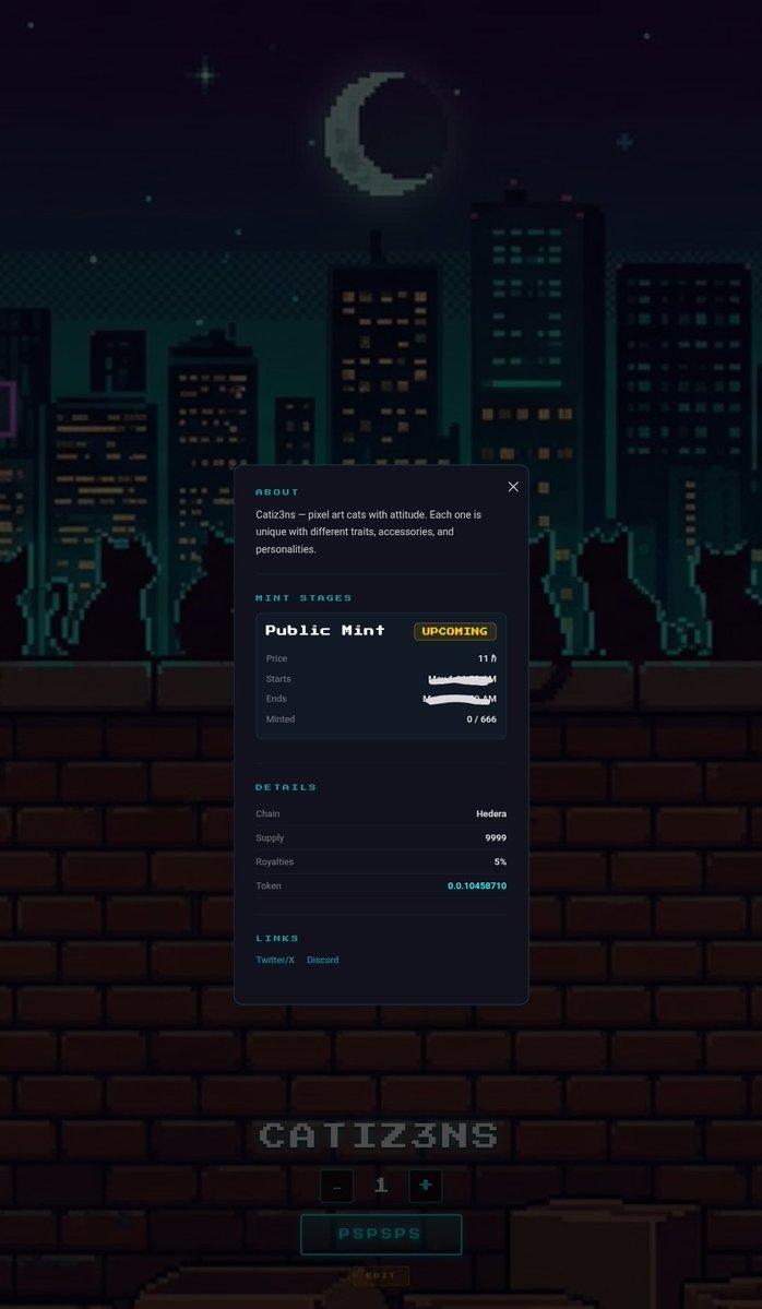 🐱 <a href="/Catiz3nHQ/">Catiz3nsDAO</a>  Mint is LIVE on <a href="/DreamBayio/">DreamBay</a>.

The first series is here:
Series 1: 666 / 9,999 Catiz3ns released.

Date: 1st May, 2026
Time: 10AM UTC
Mint: dreambay.io/on-chain/launc…

Each series introduces new experiences as the City of Cats evolves.