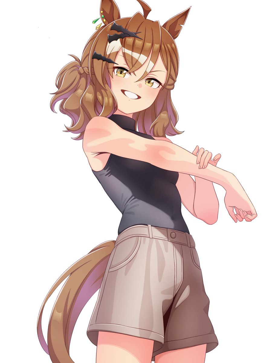ウマ娘、ジャングルポケットが袖なしニットにショートパンツを着ているイラストを描きました！

ポッケちゃんが着るとこの服装でもやっぱりボーイッシュな子が着ていそうな活発そうな服装に見えますね！
ただその服で活発に動かれると...色々と危険ですよね...