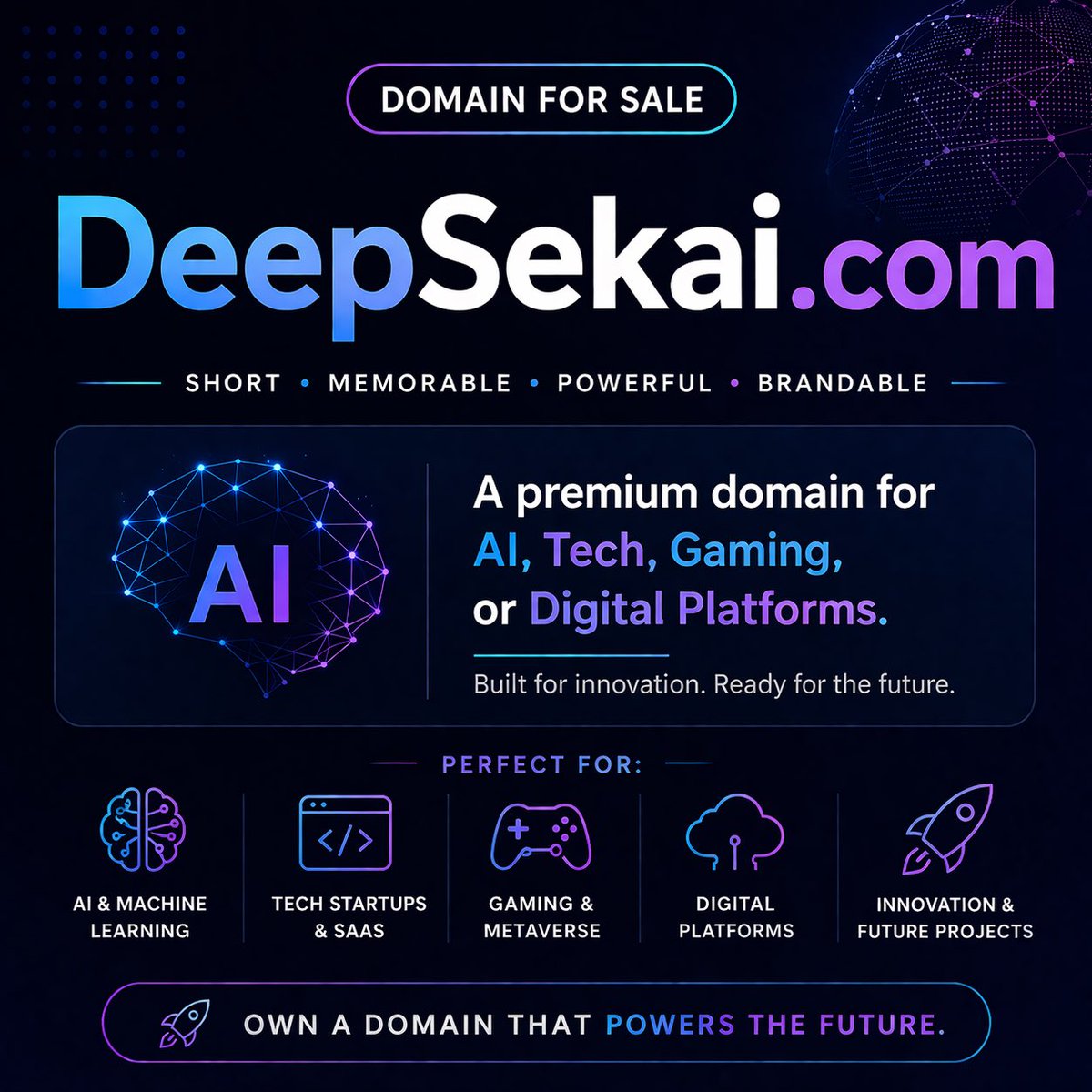 hatimaitb's tweet image. 🚀 DeepSekai com for sale Strong, futuristic domain for AI, tech, gaming or digital platforms. Short, brandable, and built for global scale.
#DomainForSale #AIDomain #TechStartup #BrandableDomain #FutureTech #DigitalBrand