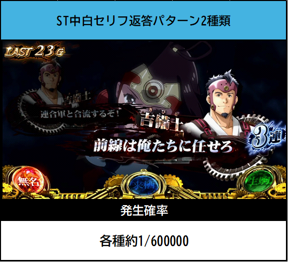 divo_x_central's tweet photo. 【L甲鉄城のカバネリ海門決戦　ST中白セリフ返答】
ST中の白セリフ返答は激熱ですが、実は2種類しかない上に出現率が各種1/600000みたいです。
このキビト以外見たこと有りますか？？