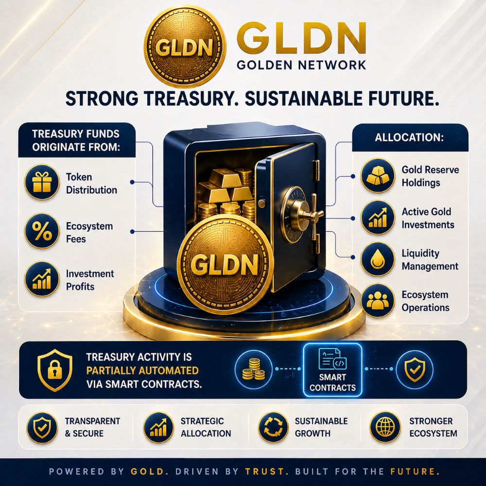 Golden_Network_'s tweet photo. 🔹 Where does the treasury money come from⁉️

The project gets money from 3 main sources:

Token Distribution → part of the tokens goes to the treasury

Ecosystem Fees → small fees from using the platform
Investment Profits → earnings from previous investments

---------------
🔹 How is the money used⁉️

The treasury funds are divided into:

Gold Reserve Holdings 🪙
→ storing value in gold for safety

Active Gold Investments 📈
→ investing in gold to grow profits

Liquidity Management 💧
→ making sure there’s enough money for trading and operations
Ecosystem Operations ⚙️
→ funding the project, development, and community

🔹 Automation
🤖 Some treasury activities are automated using smart contracts
→ meaning everything runs:

Automatically
Securely

Without manual control
🔹 In one sentence:

👉 The treasury collects funds, invests them wisely (mainly in gold), and uses smart contracts to manage everything safely and efficiently.