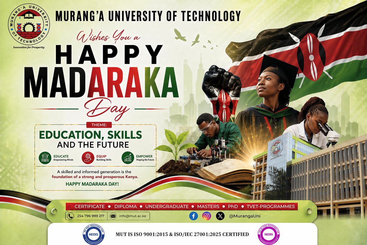 MurangaUni's tweet image. Murang’a University of Technology wishes all Kenyans a Happy Madaraka Day. We celebrate our nation’s progress and remain committed to education, skills, research, and innovation for a stronger future. #MadarakaDay #MUT #Kenya