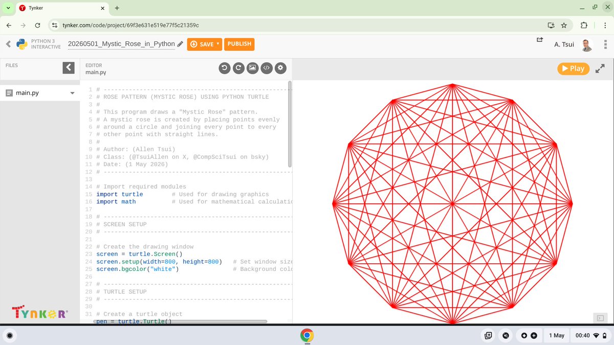 TsuiAllen's tweet photo. Ta da! Burning the midnight oil because there is a long weekend to look forward to with this genius breakthrough moment. 300 pixel radius 12 point "Mystic Rose" in Python. Demonstrating why I ♥️ @gotynker so much because it is more versatile than other IDLE I've previously used. https://t.co/LsQ5SZGlQ9