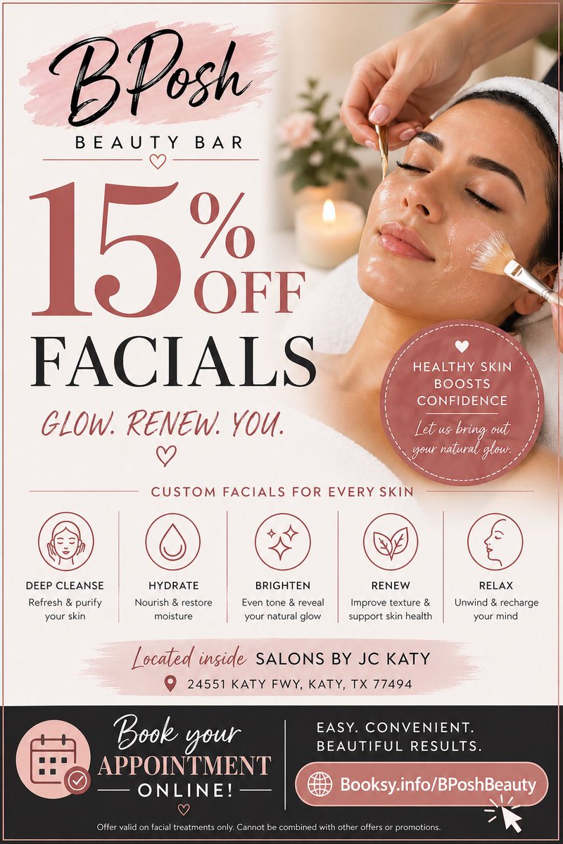 BPoshbeautybar's tweet image. 15% Off facials 🌟 Book online today. #bposhbeautybar #facial #acne #katytx #skincare #esthetician #katytxesthetician