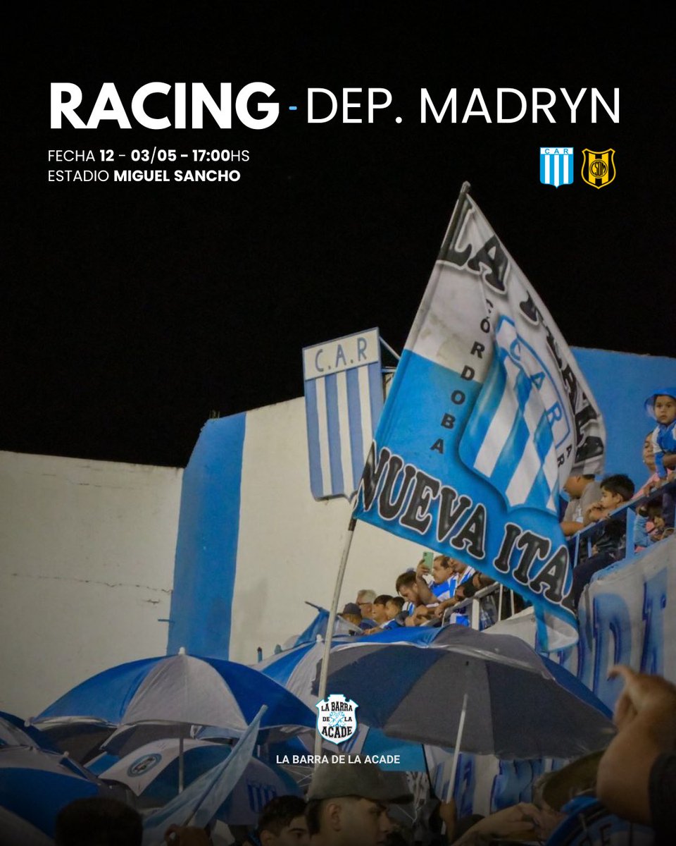 Todos al sancho 🩵🤍  #racingcba

🏆 #PrimeraNacional
🆚 Club Atlético Deportivo Madryn
🗓️ Domingo 03/05
🕙 17:00 hs
🏟️ Estadio Miguel Sancho
💻 LPF | PLAY