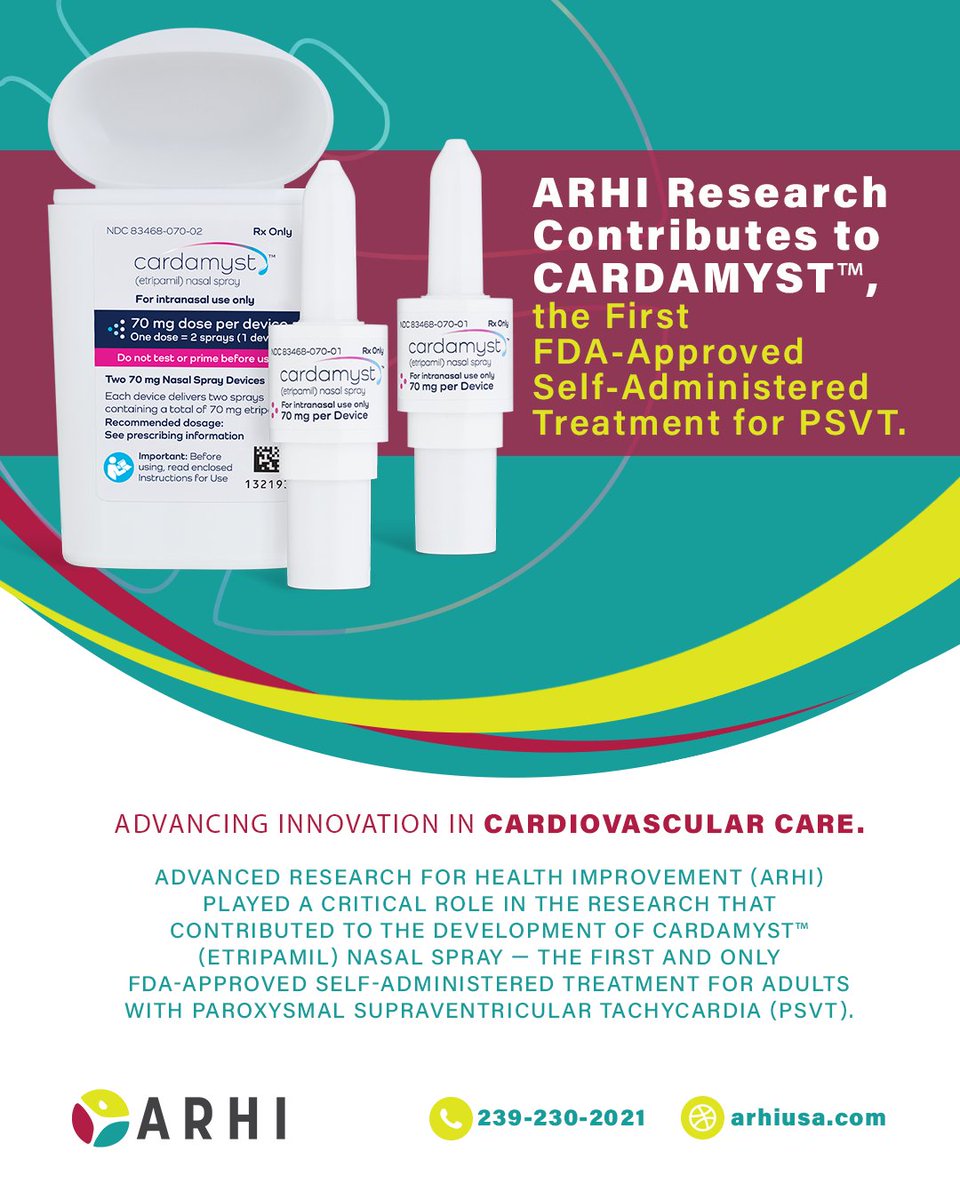arhiusa's tweet photo. 🚨 Breakthrough in #HeartHealth ❤️

CARDAMYST™ = first FDA-approved, self-administered treatment for #PSVT

✔️ Fast-acting
✔️ Portable
✔️ Restores heart rhythm anytime
Proudly supported by ARHI in Naples, FL 🌴
#Cardamyst #HealthcareInnovation https://t.co/0XLAcPPJiJ