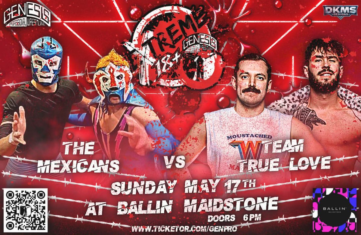 GenProOnline's tweet image. EXTREME WRESTLING

El Dorano and El Mercho vs Team True Love

Event Details:
📅SUNDAY, 17th May 2026
🔞6pm - 9pm
📍Ballin Maidstone
🔞 fb.me/e/6unuCuzCo
🎟 ticketor.com/genpro

#sundayfunday #Over18sOnly #comedywrestling #kent
#tagteammatch