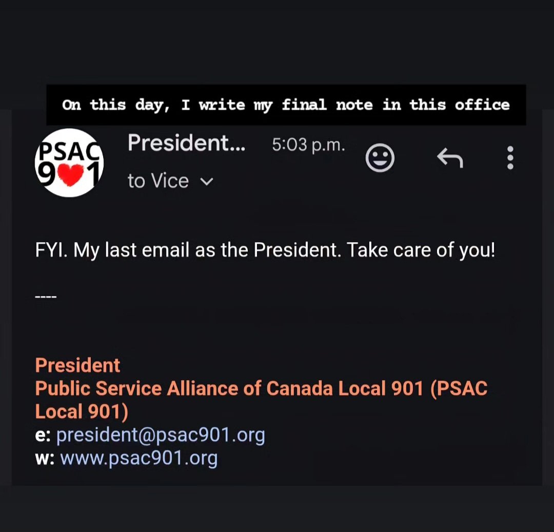 ikbouncehub's tweet photo. On this day, I write my final note in this office as the President of PSAC 901. Thanks to everyone who has worked with me in this role. https://t.co/wyQpK7vkjd