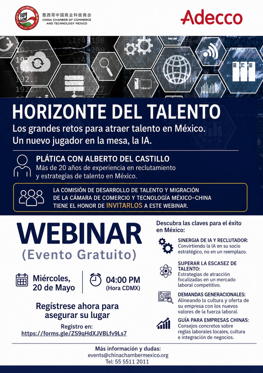 chinachambermx's tweet image. #Webinar
La Comisión de Desarrollo de Talento y Migración de la Cámara de Comercio y Tecnología México–China invita a la comunidad empresarial china en México a participar en este webinar diseñado para abordar uno de los principales retos actuales: la atracción de talento en el