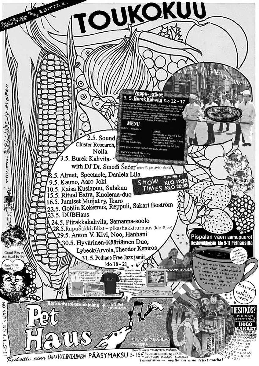 pHinnWeb's tweet image. May 2026 schedule 

@

PetHaus, Pispalan Valtatie 47, FI-33250 Tampere, Finland. 

pethaus.fi

#PetHaus #events #gigs #clubs #café #experimental #electronic #alternative #indie #techno #dub #noise #jazz #freejazz #PispalanValtatie #Pispala #Tampere #Finland