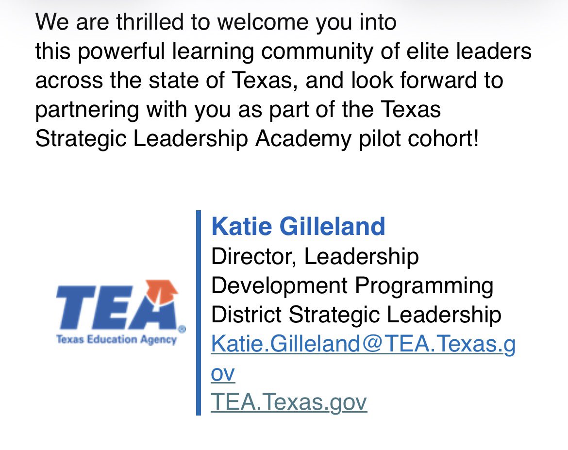 _TMSanders's tweet photo. Honored and blessed to be selected as one of the 40 new, aspiring and current Superintendents across the state to participate in the first cohort of the Texas Strategic Leadership Academy of the Texas Education Agency. It will be dedicated to advancing student outcomes in Texas. https://t.co/3gJuMcO2WY