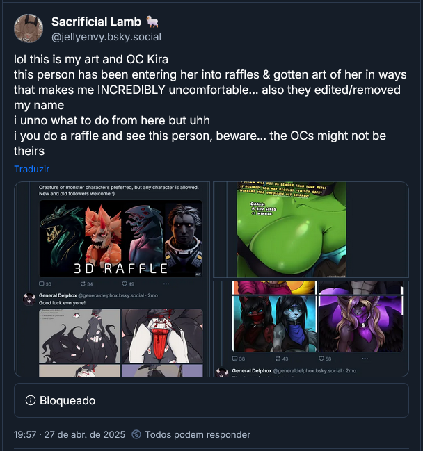 ⚠️Artists Beware⚠️
@/GeneralDelphox stole Jelly's oc Kira (along w several art pieces) and has been using it to enter raffles and giveaways en masse. When asked to stop, they blocked Jelly.
Please avoid making any art deal with them, they've been at it for over a year. Be safe!