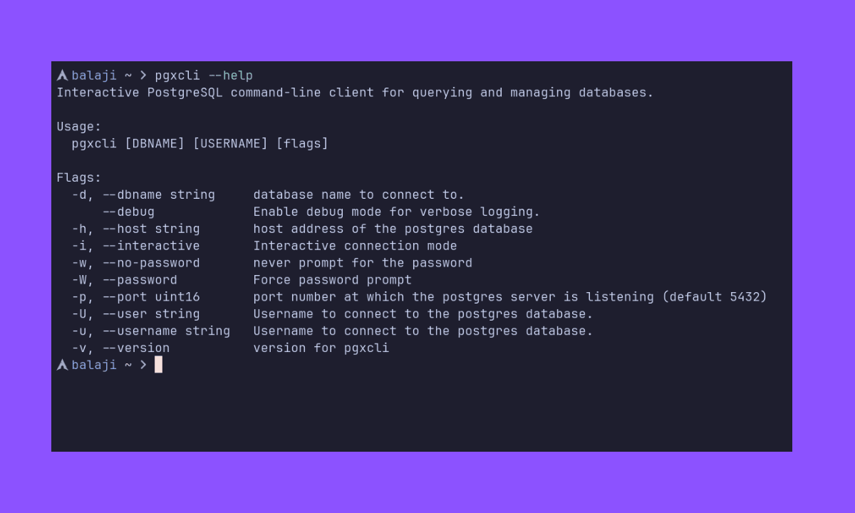 用 Go 写一个轻量的 PostgreSQL 交互式命令行工具，带语法高亮和自动补全

github.com/Balaji01-4D/pg…

pgxcli 是 Go 写的 PostgreSQL 交互命令行工具，有语法高亮、关键字补全、命令历史和反斜杠命令支持。单二进制分发，启动快，TOML 配置。功能目前不如 pgcli