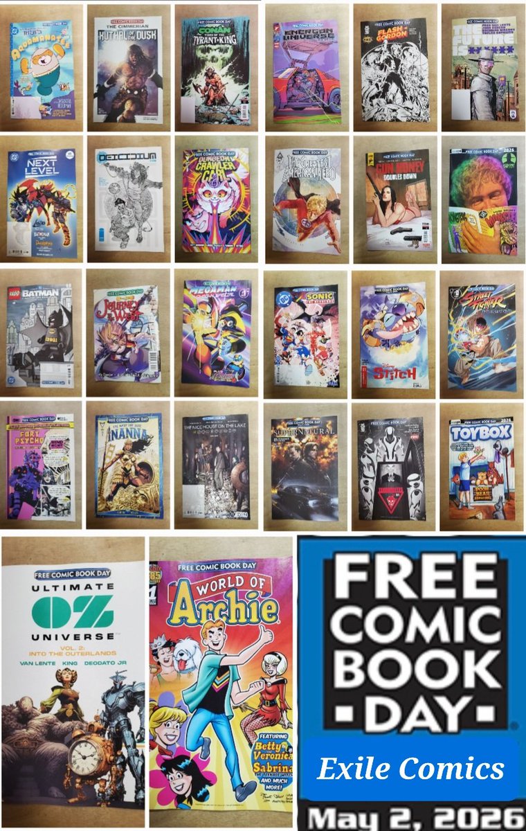 ComicsExile's tweet image. May 2, 2026.
LIMIT 5 FREE FCBD/CGD comics per person. Get 5 more FCBD/CGD comics for every $10 spent, up to $30. 
4 FREE TCG Items.
4 FREE TCG Items w/$25 TCG Purchase!
Limit of 1 item per listing.
#ExileComicsNY #Bronx #NCBD #FreeComicBookDay #FCBD #CGD #ComicsGiveawayDay #NYC