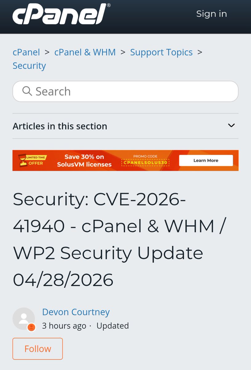 🚨 If you are using cPanel/WHM,  assume you are already compromised.

CVE-2026-41940 auth bypass hits everything after 11.40. Attackers can just inject tokens and get in.

Run this now:
/scripts/upcp --force
then restart cpsrvd.

If you can't update, at least block ports