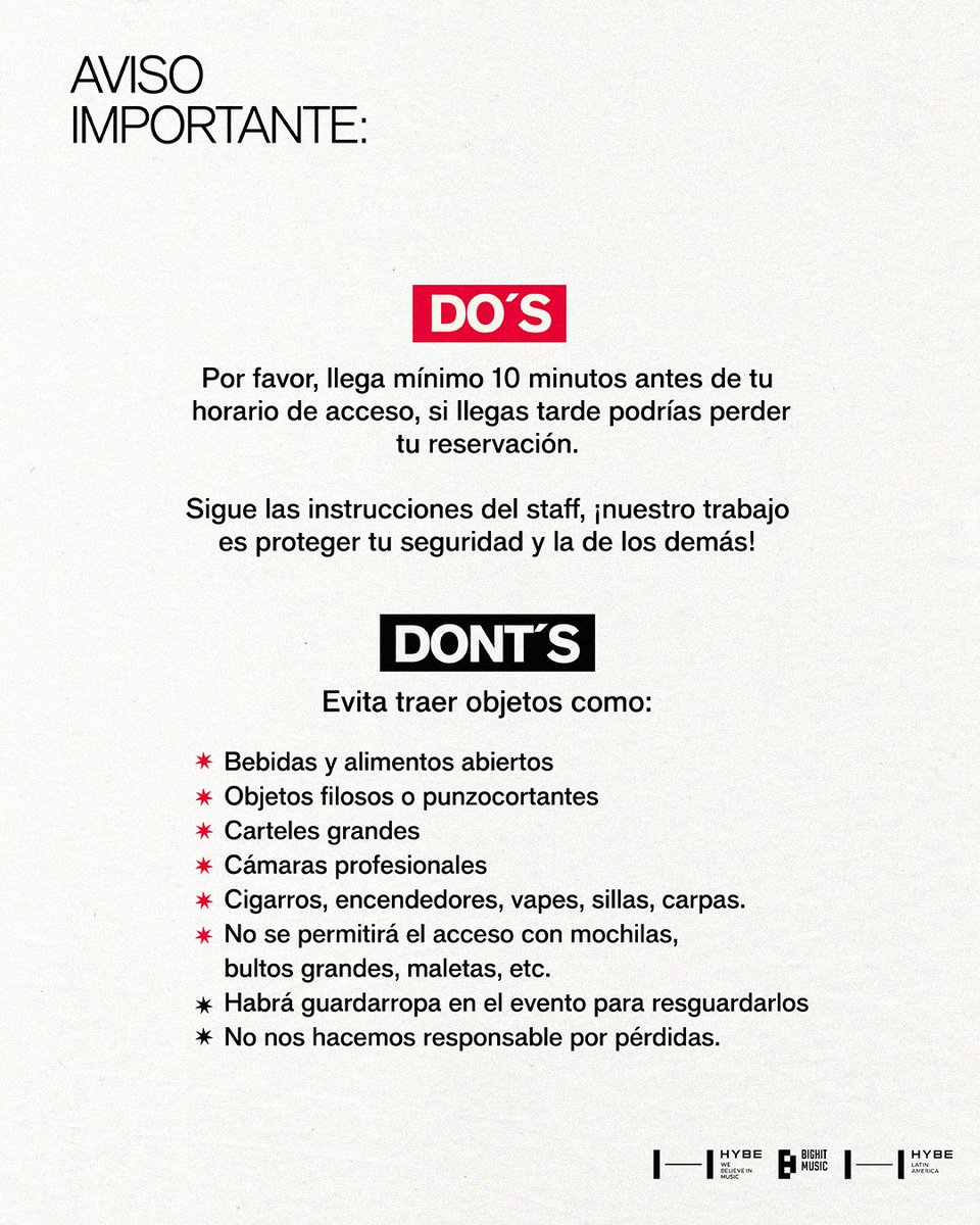 ARMY, para que tu experiencia en el BTS POP UP: ‘ARIRANG’ en Ciudad de México sea perfecta, ten en cuenta lo siguiente:

📌 Puntos clave:

🔸 1 reserva = 1 persona / 1 visita (no reutilizable).
🔸 El acceso es SOLO en el horario reservado. No llegues tarde.
🔸 Límite de compra: 1
