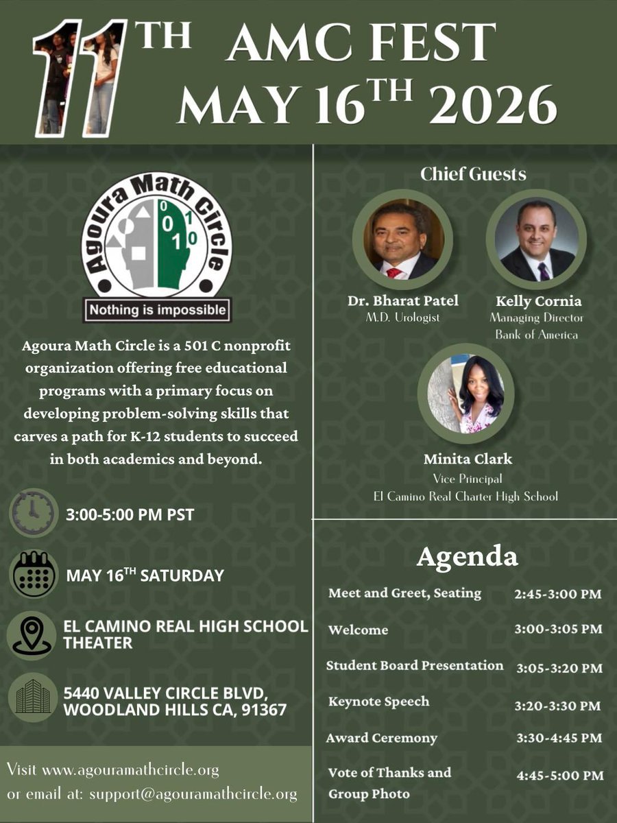 agouramath's tweet photo. Join us for the 11th AMC Fest! Hosted by the Agoura Math Circle on May 16, 2026, from 3:00 to 5:00 PM at El Camino Real High School Theater. The event will feature student presentations, guest speakers, and an award ceremony celebrating achievements of students and volunteers! https://t.co/uJ0mTNgKEc