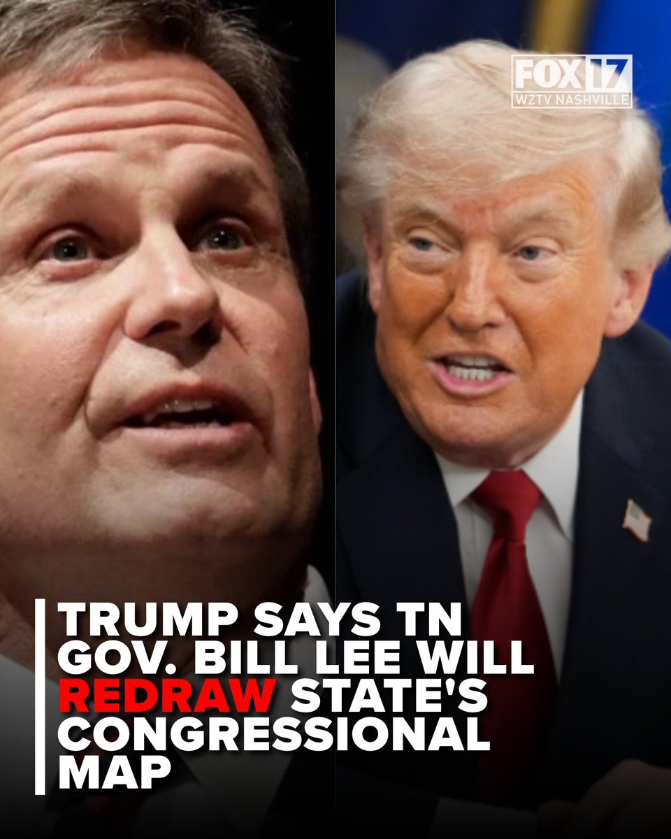 FOXNashville's tweet image. President Donald #Trump says Gov. Bill Lee will work to redraw #Tennessee’s congressional map, a move he says could give Republicans another #House seat. 

Lee’s office has not confirmed.

Learn more about it on our website: bit.ly/4eTomZd