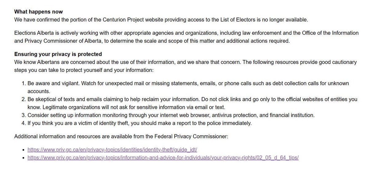 Stoker235's tweet image. So @ElectionsAB are advising us to be aware of all the possibilities of theft of I’d and $ #abpoli #ableg
A data breach that is the responsibility of @ElectionsAB ultimately requires them to provide all voters on the list free Monitoring
#yeg #yyc