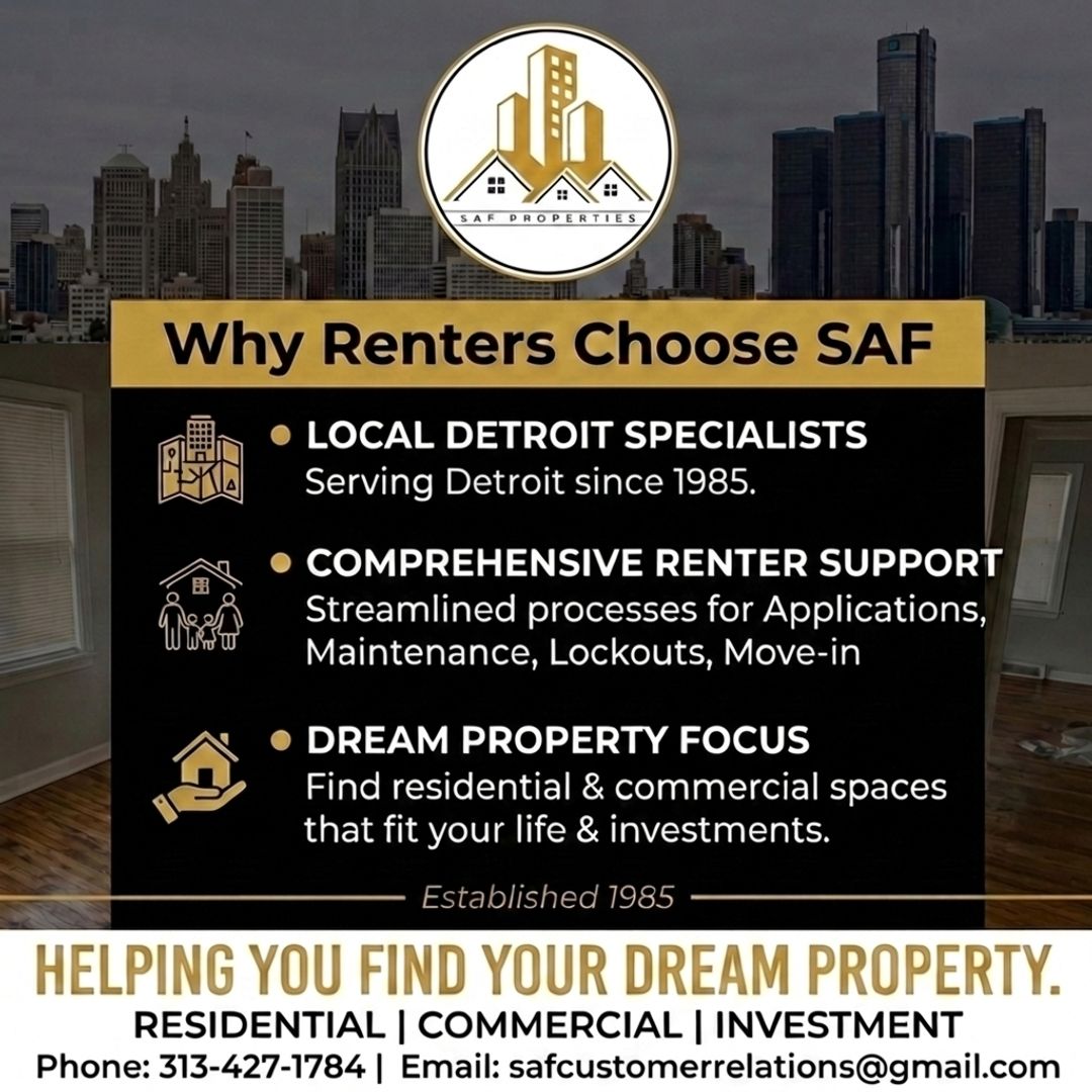 SafProperties's tweet photo. Detroit renters trust experience, and SAF Properties has been helping people find the right property since 1985. Detroit-based renter support for residential, commercial, and investment properties. Call or Text: 313 427 1784 | https://t.co/fxC81uQ9Rf #DetroitRental... https://t.co/NKNRcgsqPq
