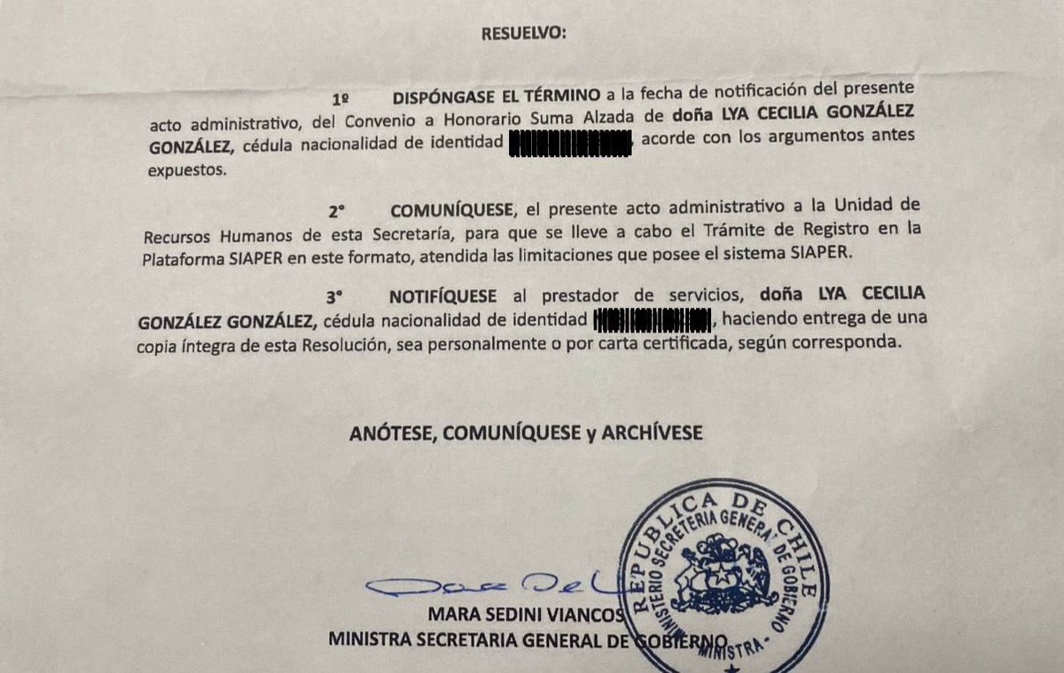 Hoy, en vísperas del dia del trabajador/a he sido notificada de mi desvinculación del Observatorio de Participación Ciudadana y No Discriminación.
Agradezco mucho a Niki Cardoch, subsecretaria, del gobierno del presidente <a href="/GabrielBoric/">Gabriel Boric Font</a> por la oportunidad de colaborar en la tarea