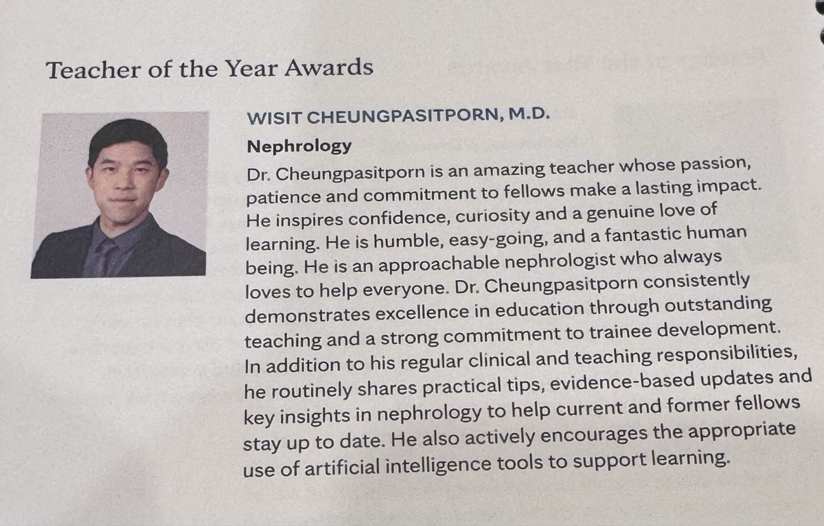 wisit661's tweet photo. 😊🙏🏻 A truly special evening—deeply grateful to receive the Mayo Fellows’ Association Teacher of the Year Award in Nephrology (2026) @MayoFellows  @MayoClinicNeph @MayoClinic 

Teaching remains one of the most meaningful parts of what we do. To be recognized by fellows makes it especially humbling.

🙂 Very thankful to celebrate the night with mentors and colleagues who inspire me every day—Dr. Erickson, Jan, Dr. Iasmina Craici—and to have Dr. Oscar Garcia Valencia, an outstanding advanced fellow, colleague, and friend, there as well. @OscarGarciaMD 🙏🏻

Grateful for the opportunity to continue learning, teaching, and growing together.

Wisit Cheungpasitporn, MD, FACP, FASN, FAST
Clinician-Scientist & Professor of Medicine, Mayo Clinic