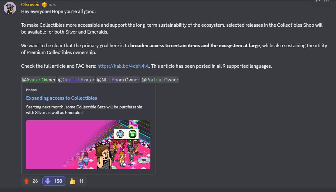 CoraggioHabbo's tweet photo. Ironizando a situação, o Conselheiro da Comunidade IamReallyBored, escolhido pelo @Habbo e também membro do Wired Team disse que: 

Se ele fosse Conselheiro na época do surgimento das pratas, teria também criado outras moedas para causar a desvalorização das esmeraldas.

Essa fala foi dita após mais de 158 pessoas do servidor NFT votar negativamente na decisão da empresa sobre as esmeraldas e a quebra de princípios.

Eu te pergunto, essa realmente é a postura que queremos ver nas pessoas que deveriam representar a comunidade perante o Habbo? #Habbo