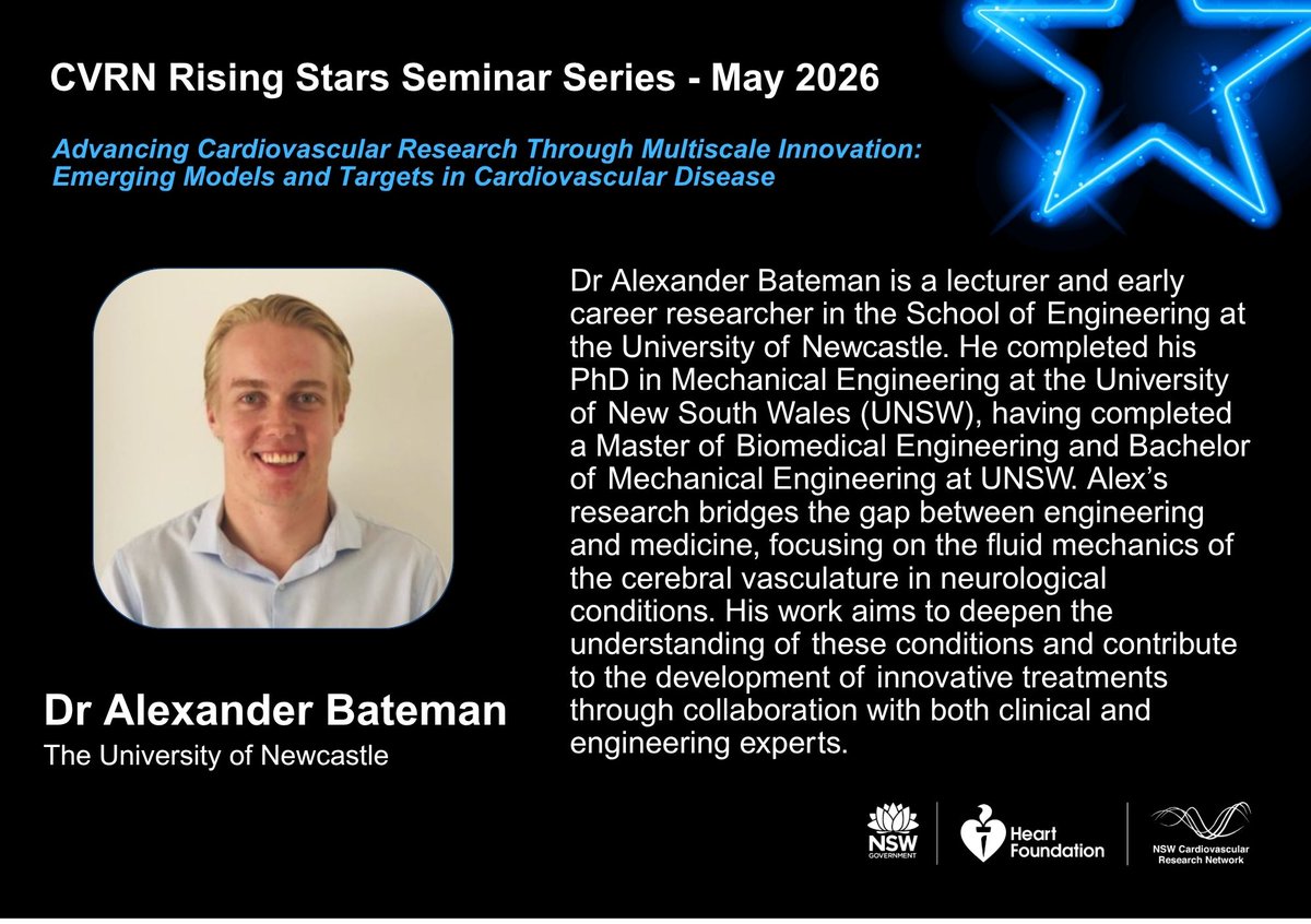 NSWCVRN's tweet photo. @NSWCVRN Rising Stars May Seminar  

Join us at VCCRI to hear Dr Alexander Bateman (The University of Newcastle) present “Computational and Experimental Modelling of the Cerebral Venous System.”

📅 Thu 14 May | 📍VCCRI  

Register: https://t.co/70fhA5RQWt https://t.co/wlBYhlLGPV