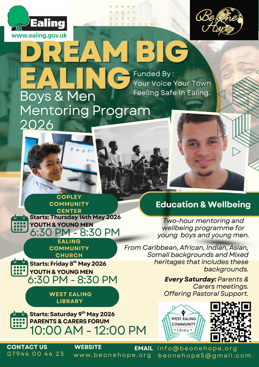 WEaling_Library's tweet photo. Dream Big Ealing 🌟
Boys &amp; Men Mentoring 2026📅 Sat 9 May
📍 West Ealing Library
⏰ 10 AM to 12 PM💬 Mentoring, wellbeing, parents forum.
#Ealing #WestEaling #Mentoring #YouthSupport https://t.co/RDyTTfqmpH