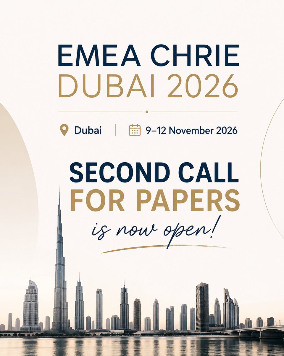 emeachrie's tweet photo. 📢 Second Call for Papers is open!
Join EMEA CHRIE Dubai 2026
📍 Dubai | 📅 9–12 Nov 2026

Theme: Beyond the Map: Defining the Future of Tourism
Submit your research &amp; be part of the global hospitality network.
🗓 Deadline: 5 June 2026
🔗 https://t.co/UueHruzWFY https://t.co/7vq5sMnqT6
