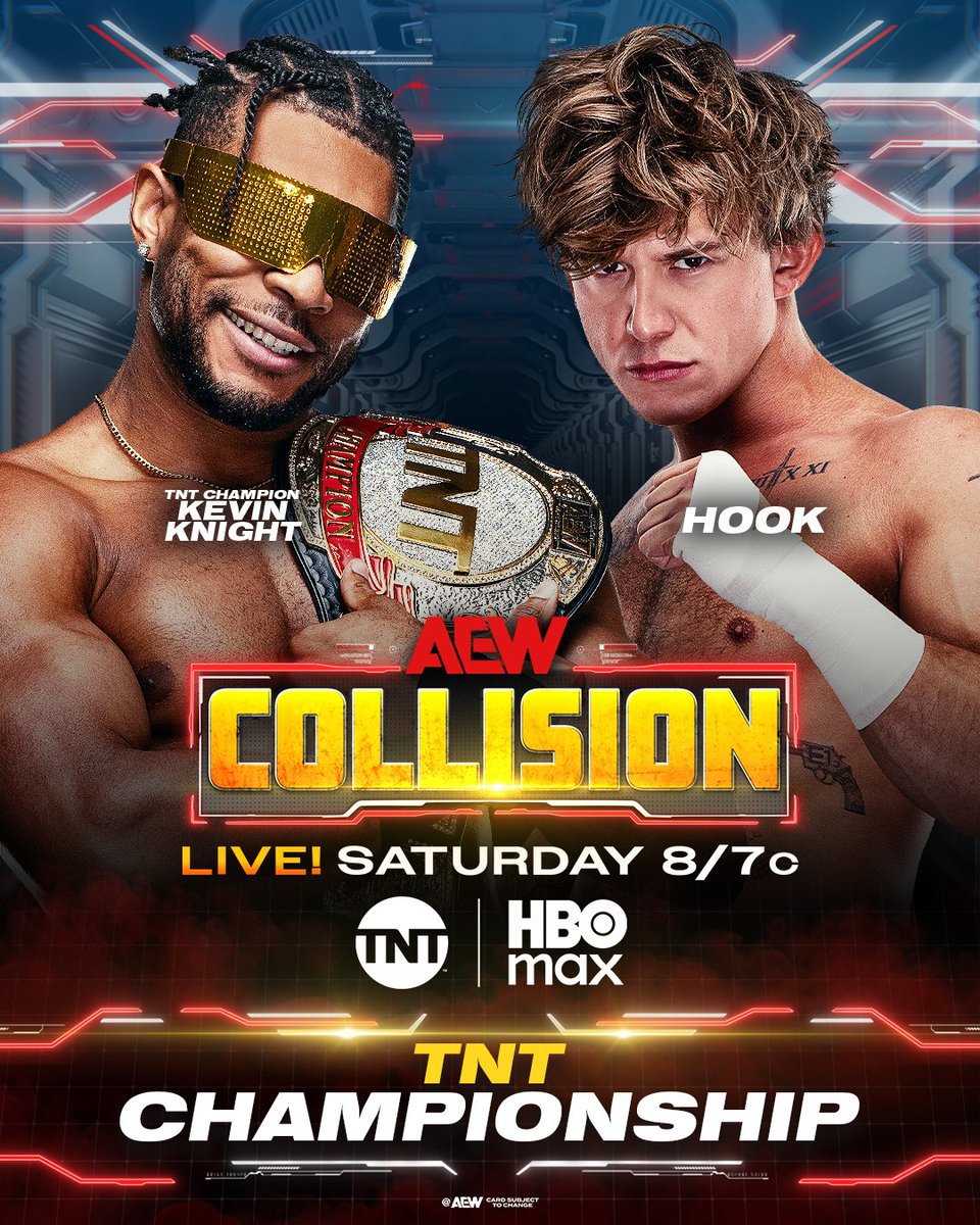 AEWonTV's tweet image. Fresh off his defense of the TNT Title against MJF, Kevin Knight puts the TNT Title on the line against HOOK!

Will Knight walk into his AEW World Title match against Darby Allin on #AEWDynamite still the TNT Champion?

#AEWCollision is LIVE, Saturday at 8/7c on TNT and HBO Max