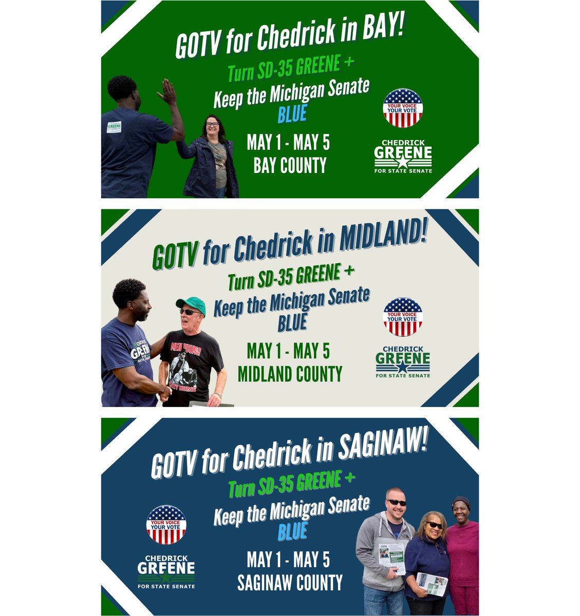 ChedrickGreene's tweet image. #TeamGreene needs you for our Final 5 push. Fri, May 1 - Tue, May 5, we have daily canvass launches at 10AM, 1PM, &amp;amp; 4PM. Our greatest need is on doors, but we have phone-banking opportunities too.
Use link in thread to find the date(s), time(s) &amp;amp; county where you want to help.