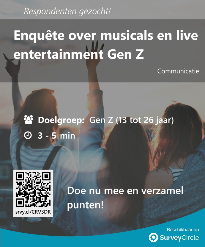 top_studies's tweet image. Respondenten gezocht voor een top-onderzoek:

"Enquête over musicals en live entertainment Gen Z" via @SurveyCircle #nhlstenden

#musicals #theater #GenZ