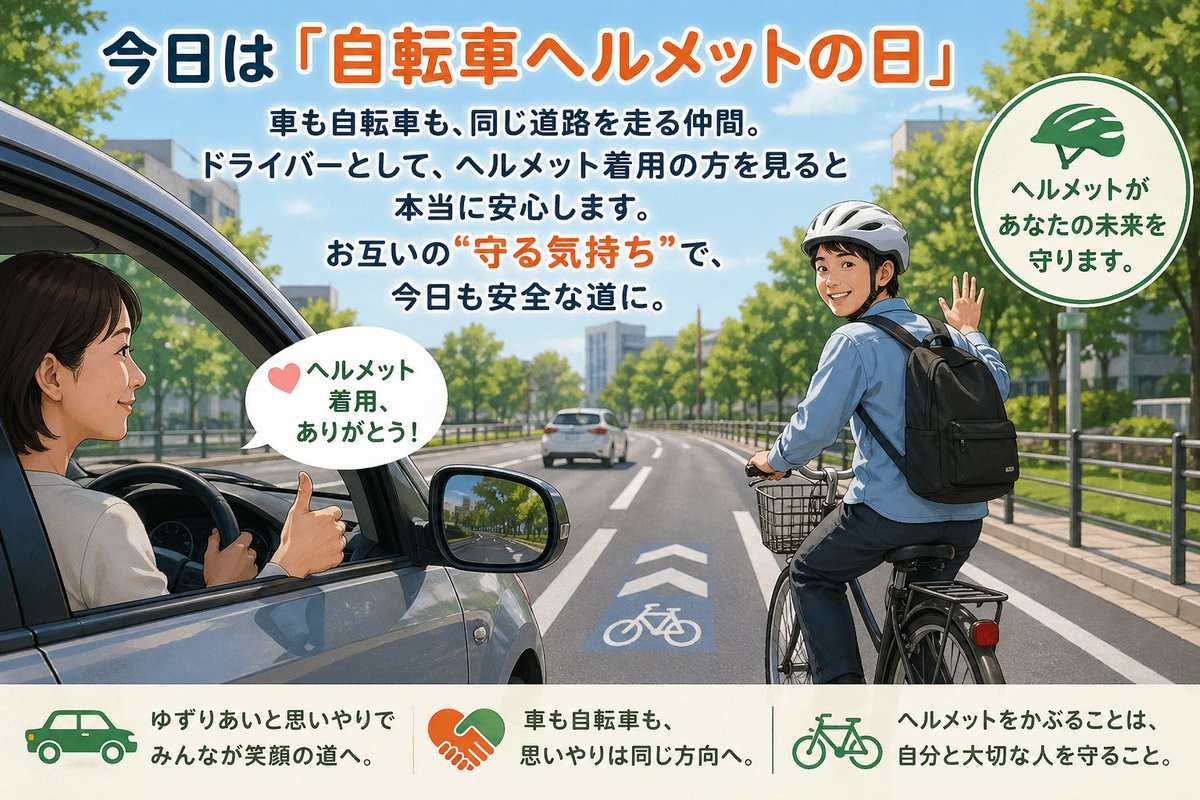 ALWAYS2008's tweet image. 🚙ALWAYS（オールウェイズ）🚙

＼　おはようございます🌞 ／

今日は #自転車ヘルメットの日

車も自転車も、同じ道路を走る仲間

お互いの“守る気持ち”で、今日も安全な道に。

#ALWAYS #新車市場 
#碧南市 #高浜市 #西尾市 #安城市
@Carbell_co