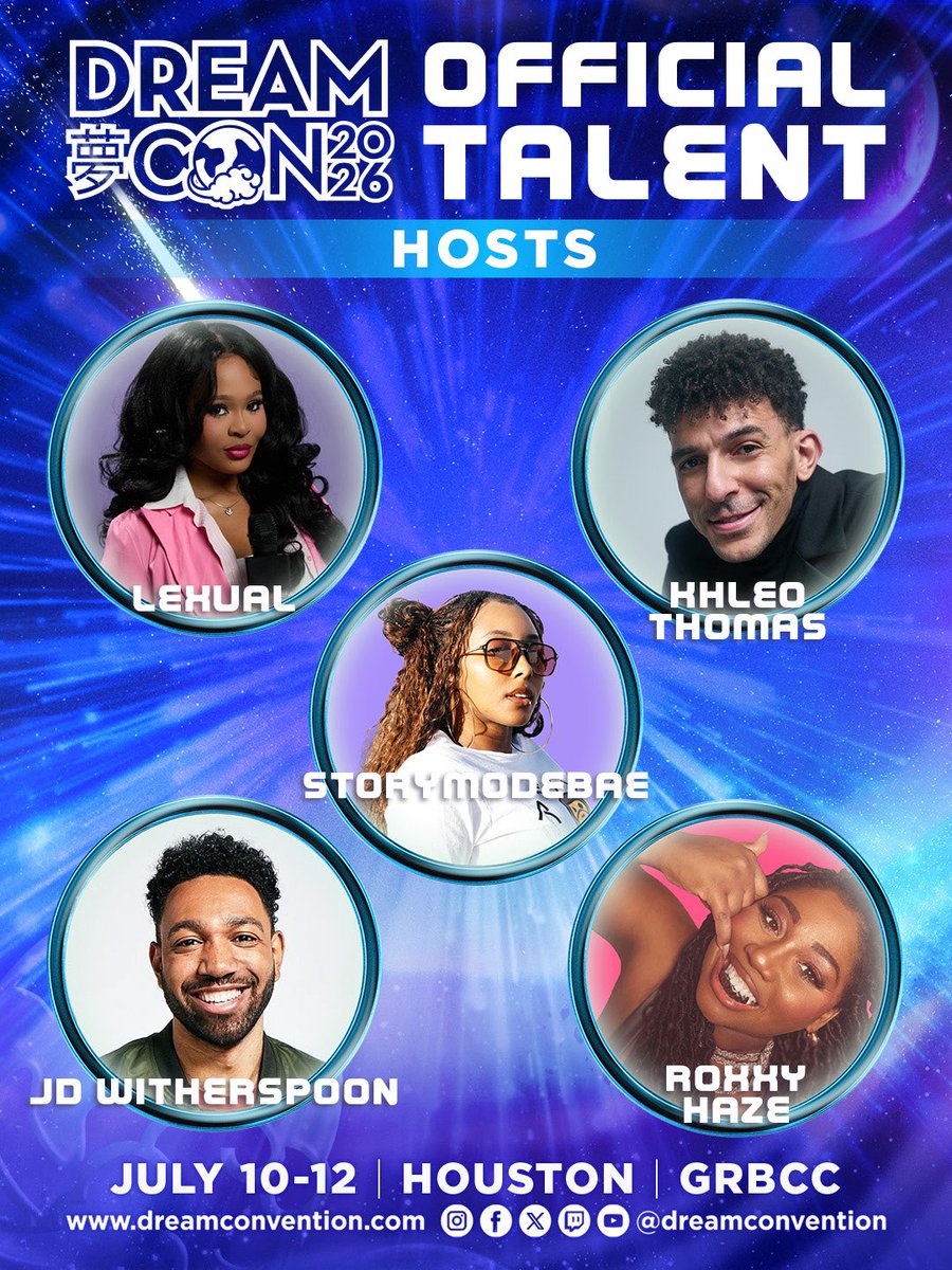 It’s time to welcome our hosts to the Stage!  🎤⭐️

We’re happy to have both new &amp; returning Talent — <a href="/Lexual__/">schway lex.</a> , <a href="/KhleoThomas/">Khleo Thomas</a> , <a href="/storymodebae/">Bri ✨</a> , <a href="/jdwitherspoon/">J.D.</a> , &amp; <a href="/roxxyhaze/">Roxxy Haze</a> — join us this year! 

As hosts, they are truly the heartbeat of Dream Con. They bring the energy, the