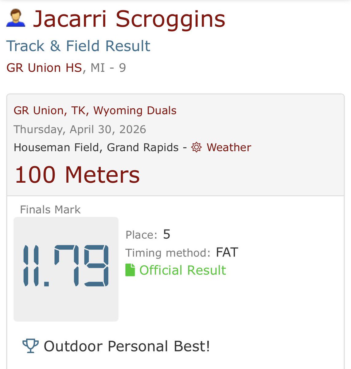 JScroggins11_'s tweet photo. New 100m PR, 11.7 as a freshman! top 100 in the state and #6 in the region for freshman! More work to be done and more Pr’s to come! (lane 7) https://t.co/HkKr7y7IFC
