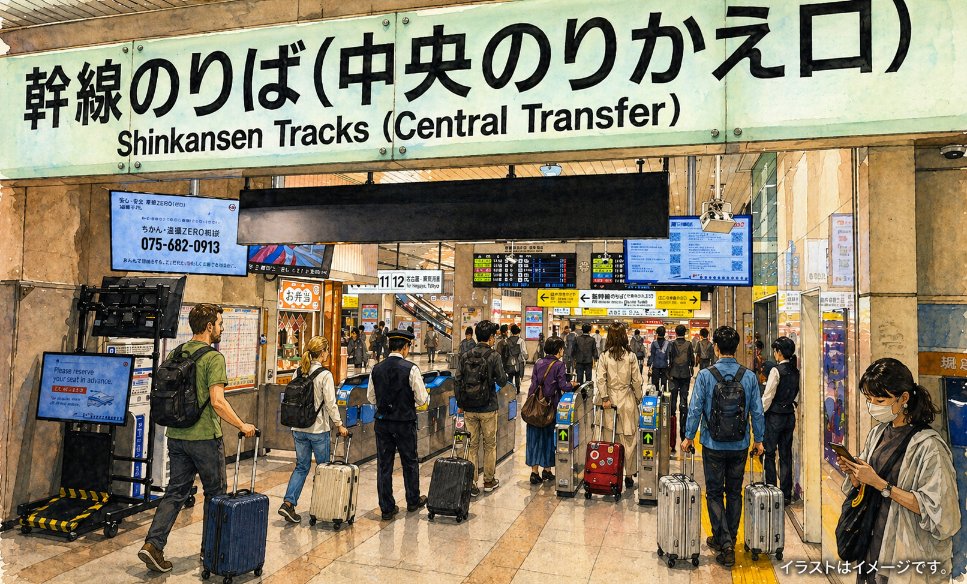 【京都駅から各改札口のお知らせ】
新幹線京都駅の改札口は5箇所です。在来線への乗換改札は2箇所です。
2F：コンコース新大阪方面側に（中央のりかえ口）
2F：コンコース東京方面側に（新幹線東のりかえ口）
※東乗換口が比較的混雑が少なく在来線・烏丸中央口へ移動できます。
#京都駅　#新幹線